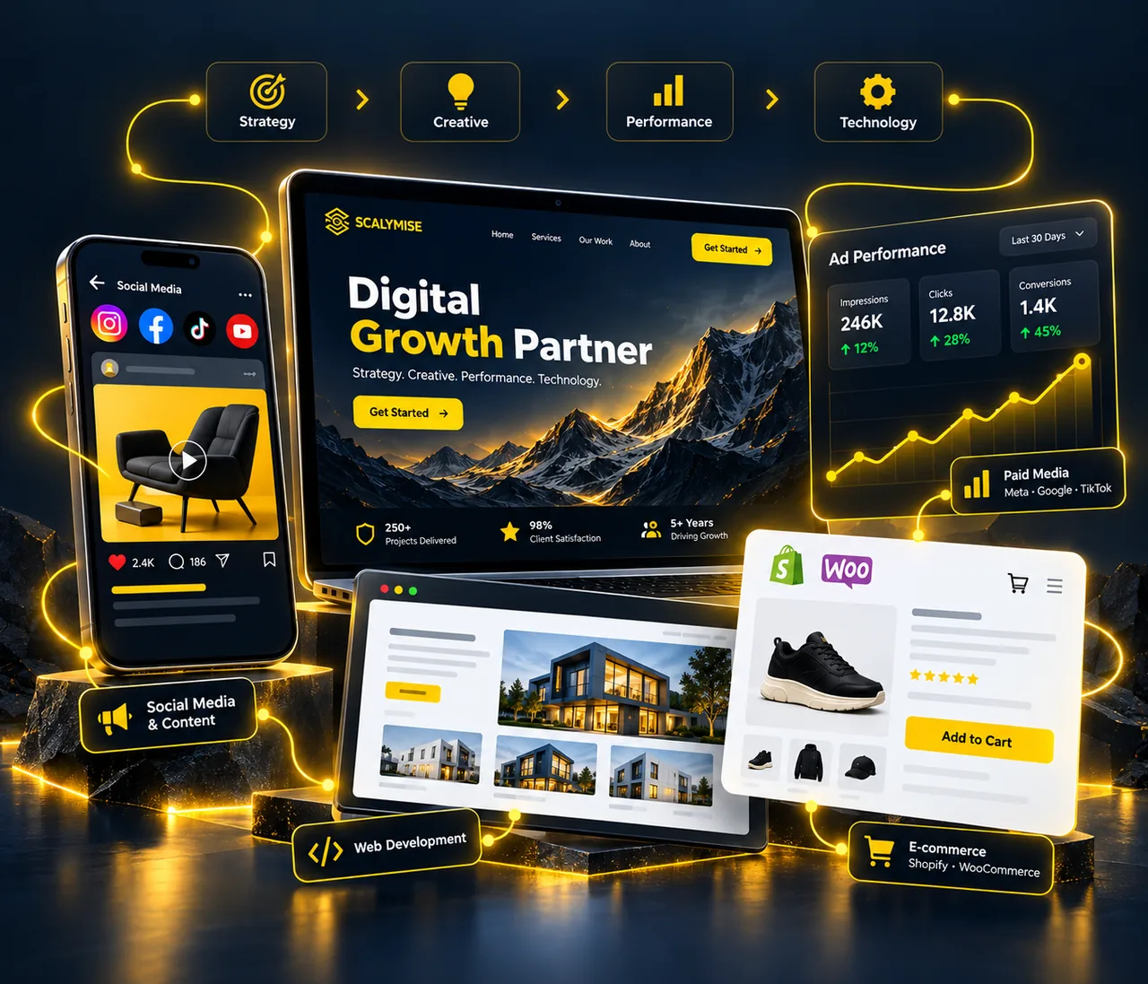Scalymise digital growth services across social media, paid ads, web development and e-commerce
